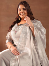 Plus Size Taupe Yoke Design Tissue Straight Suit With Dupatta
