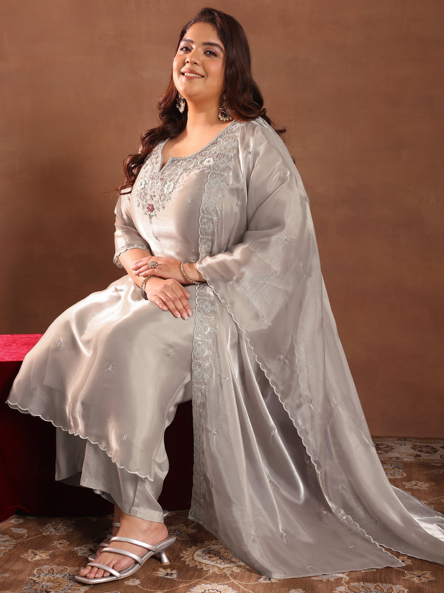 Plus Size Taupe Yoke Design Tissue Straight Suit With Dupatta