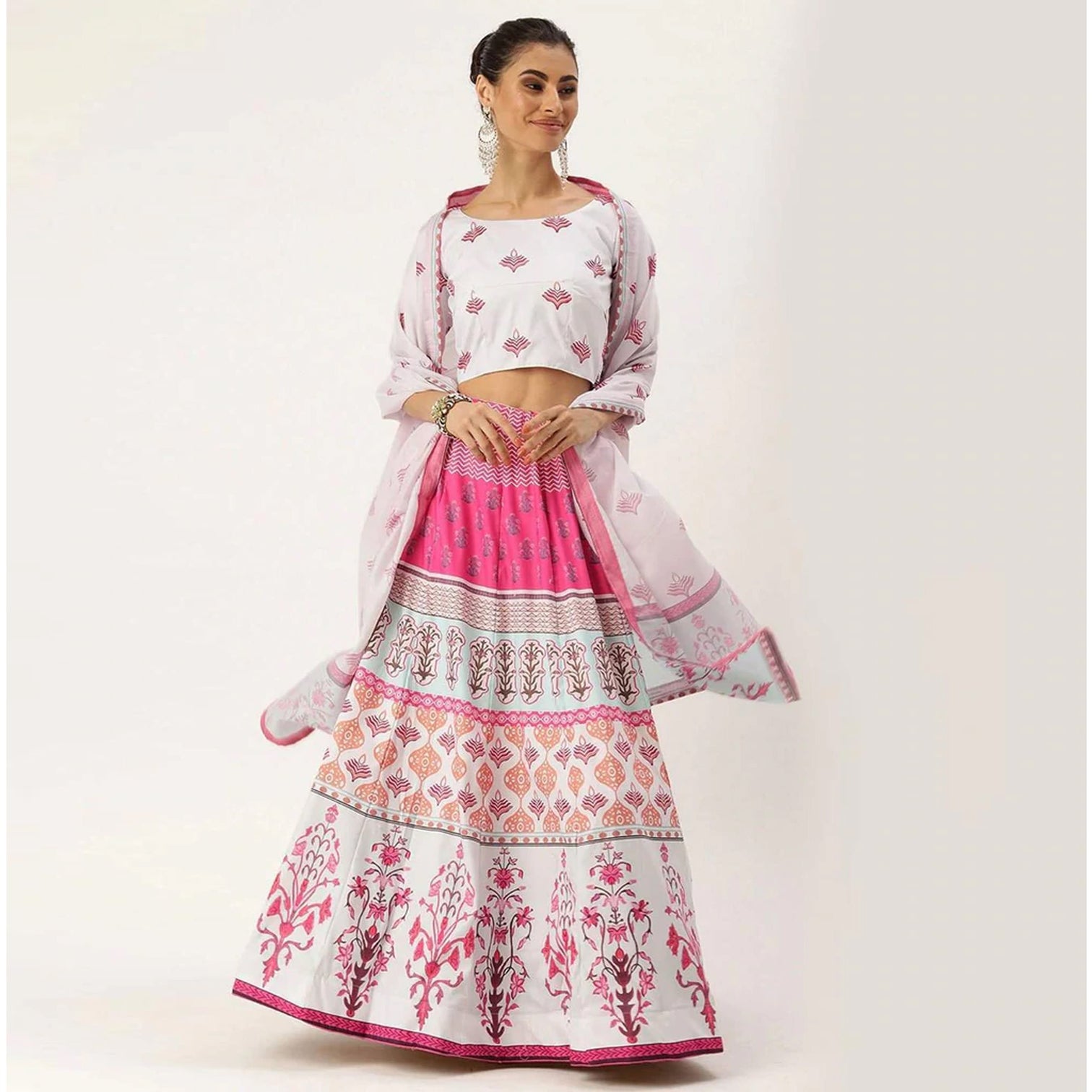 White And Pink Multicolored Printed Lehenga Choli