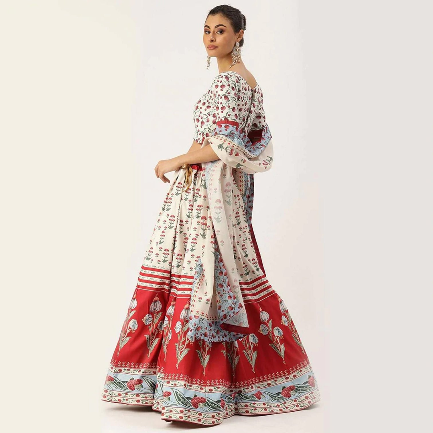 White And Red Combination Lehenga Choli with Maslin Silk Dupatta