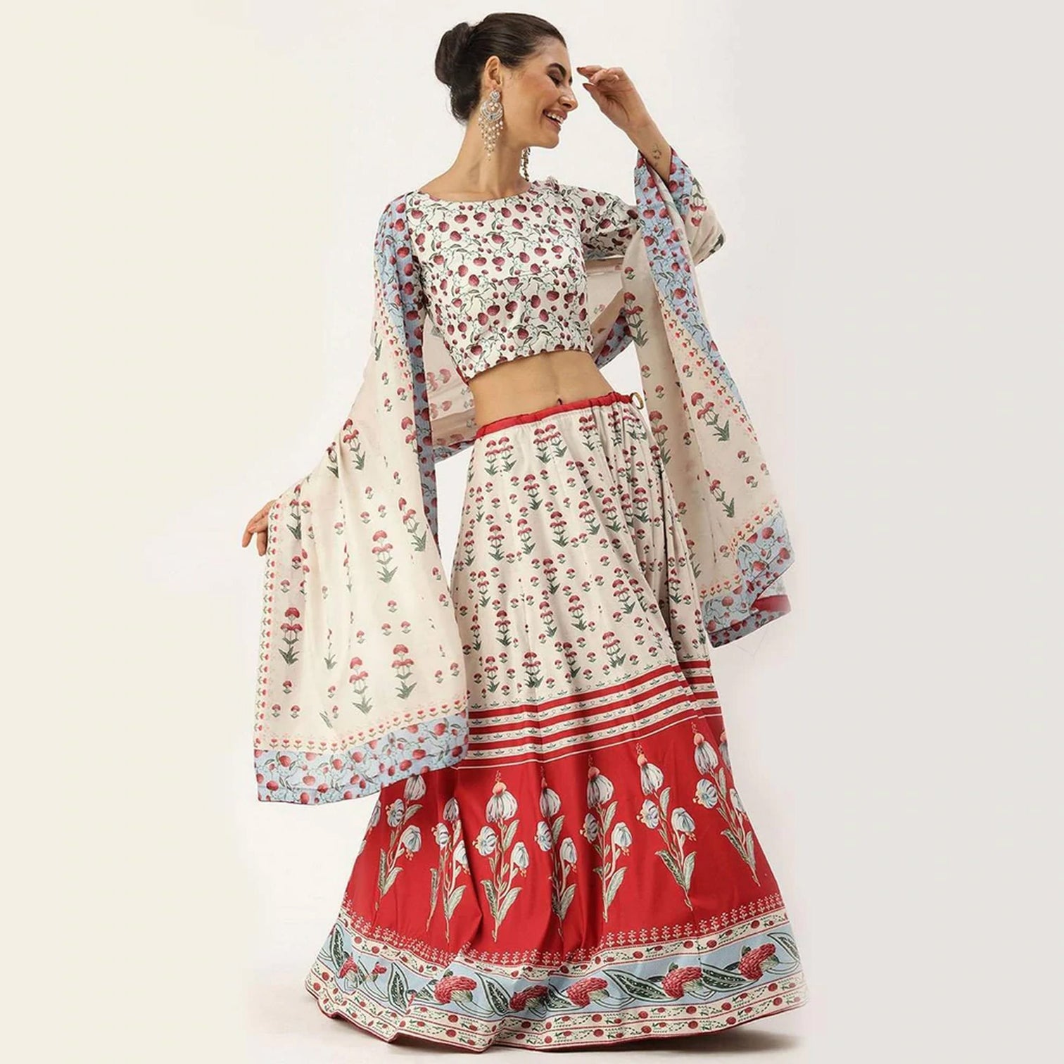 White And Red Combination Lehenga Choli with Maslin Silk Dupatta