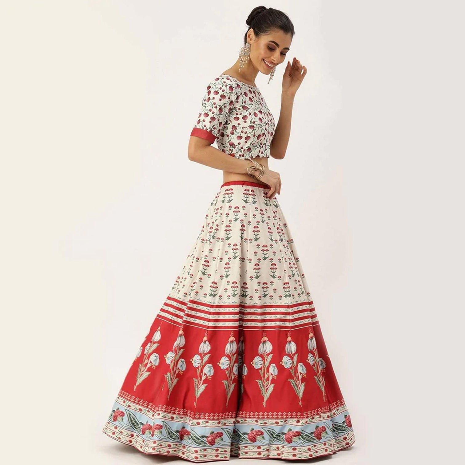 White And Red Combination Lehenga Choli with Maslin Silk Dupatta