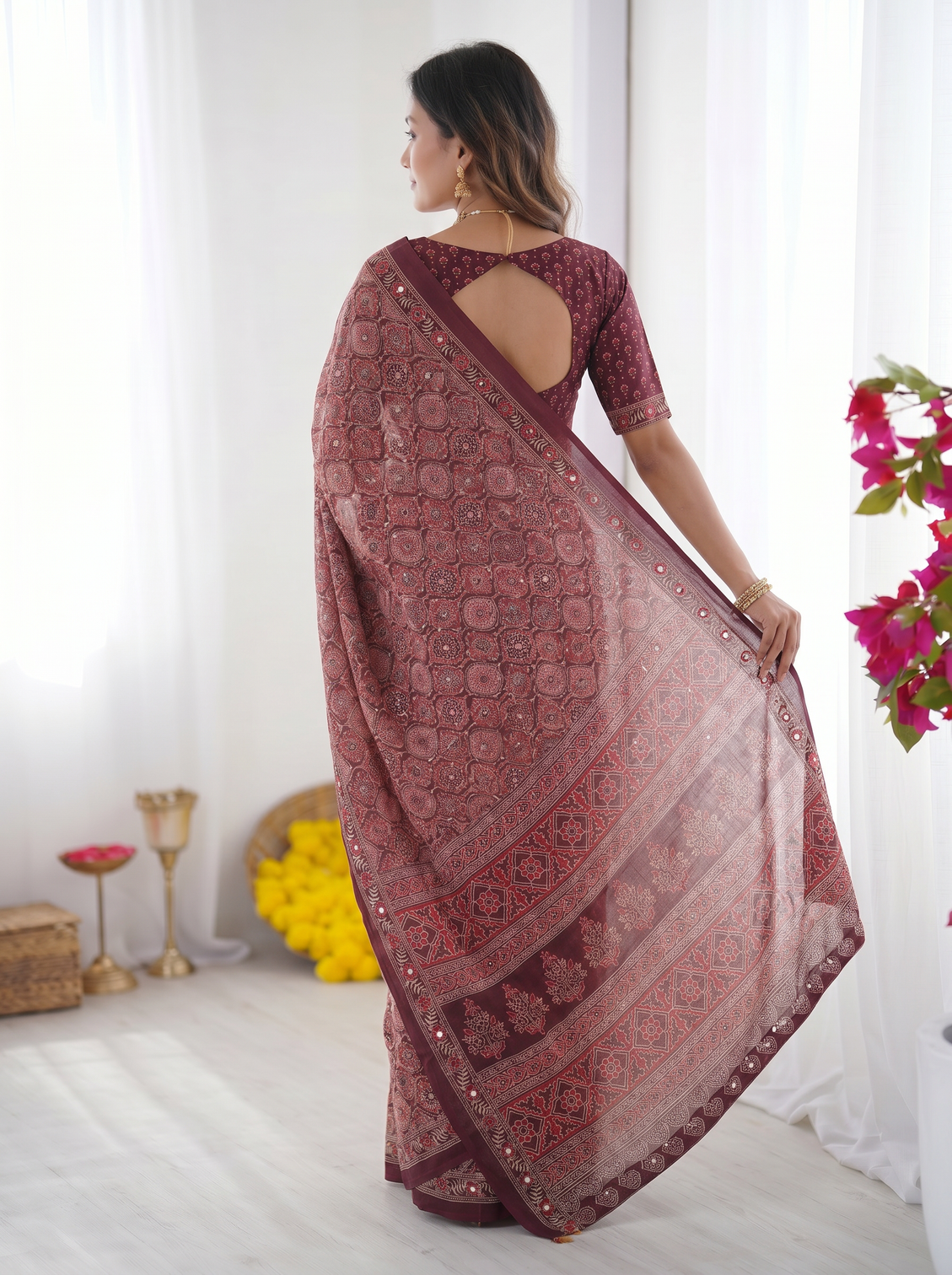 Dusty mauve modal silk saree with intricate heritage geometric prints traditional designer border rich artistic pallu