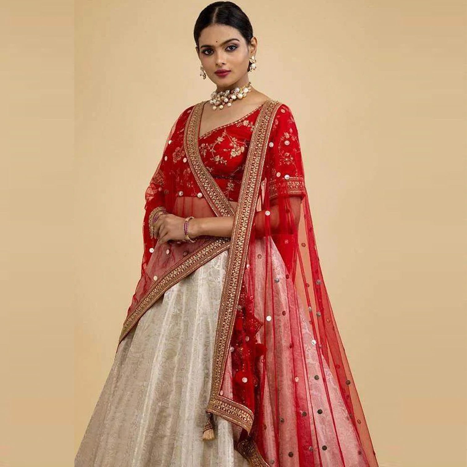 White And Red Jacquard and Silk Lehenga Choli for Wedding