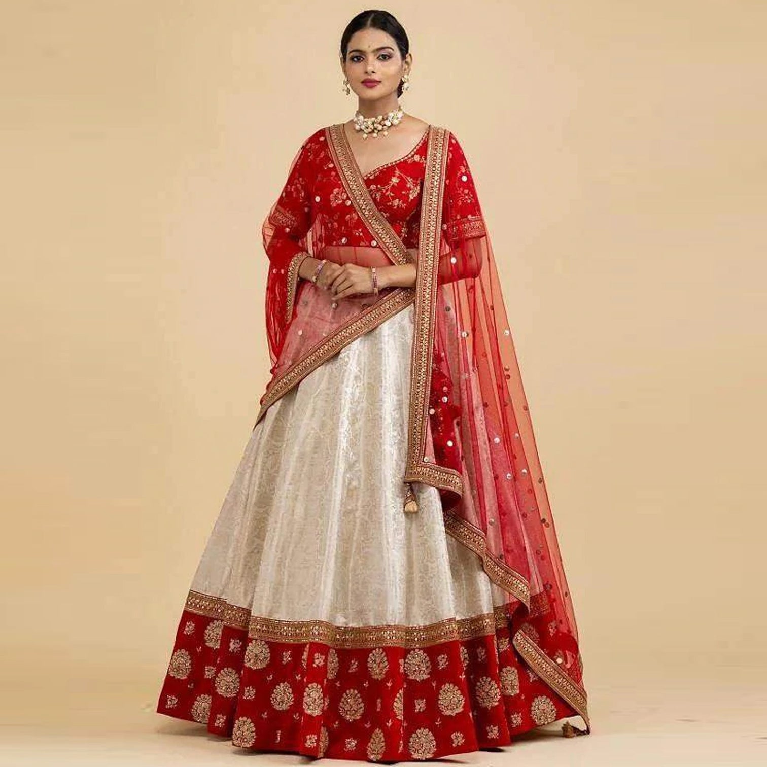 White And Red Jacquard and Silk Lehenga Choli for Wedding