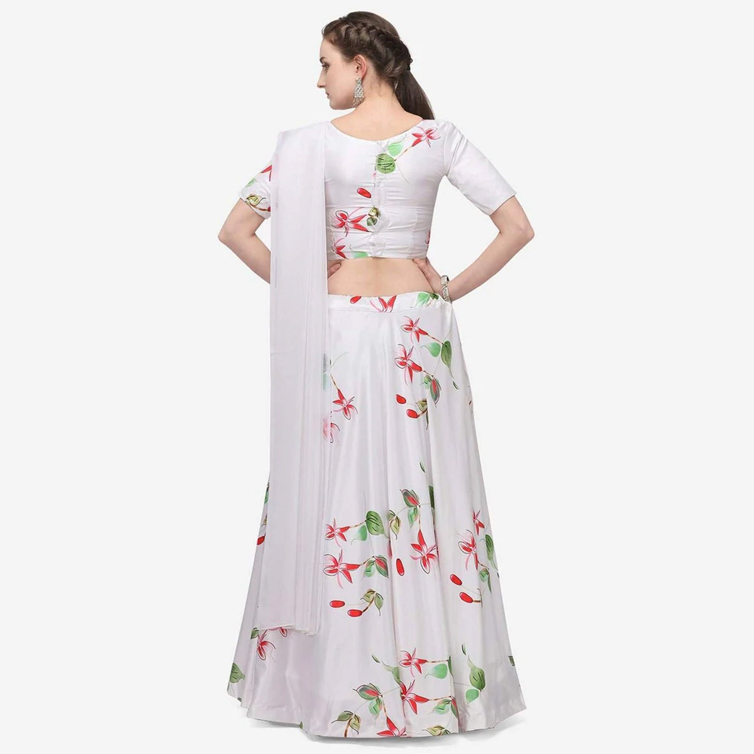 White Color Baby Satin Lehenga Choli with Printed Floral Work