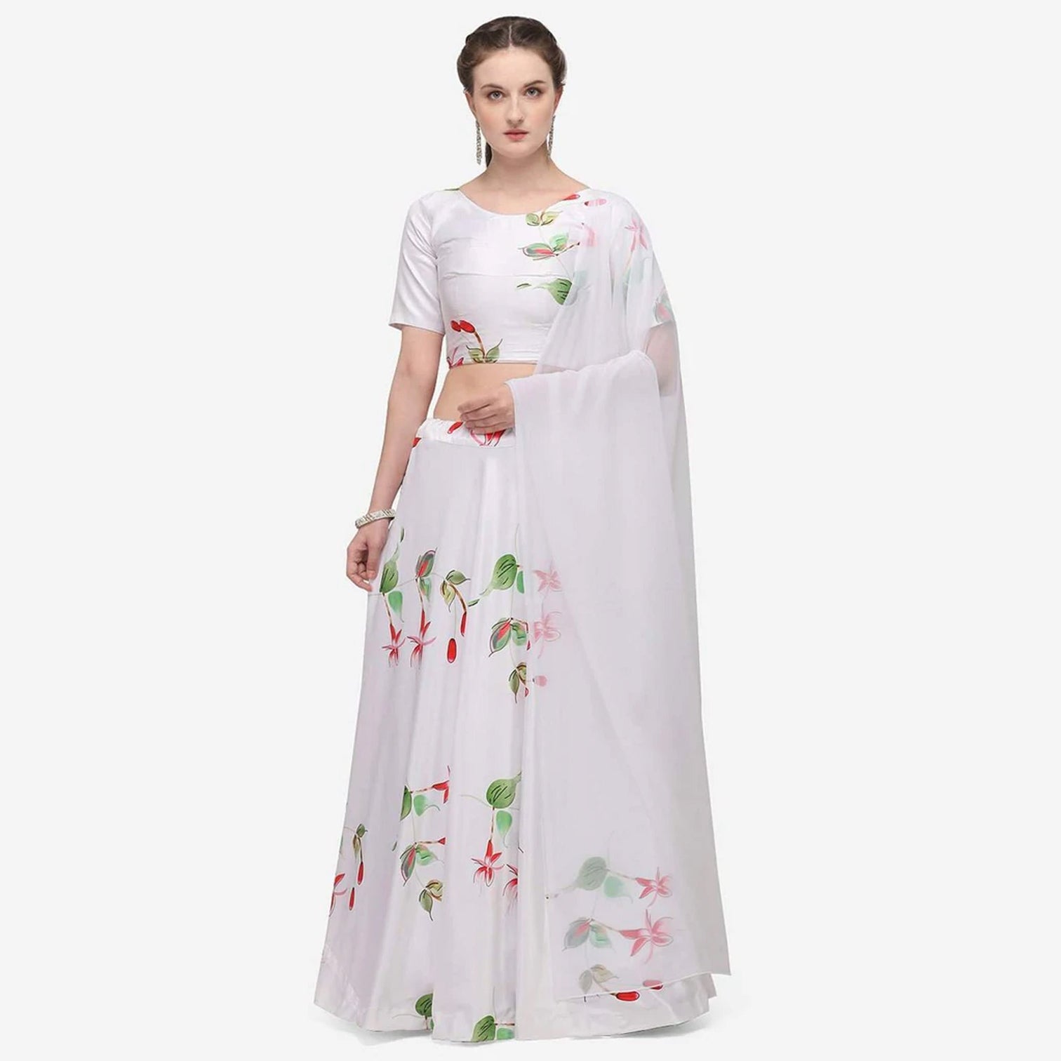 White Color Baby Satin Lehenga Choli with Printed Floral Work