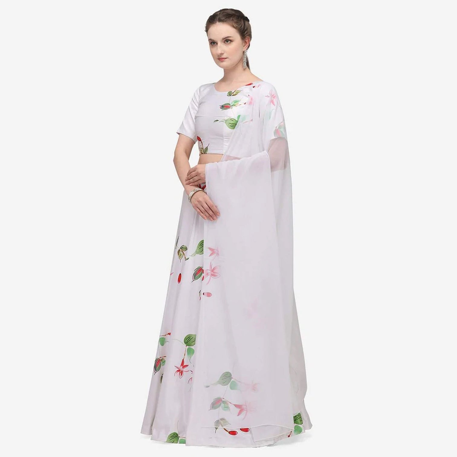 White Color Baby Satin Lehenga Choli with Printed Floral Work