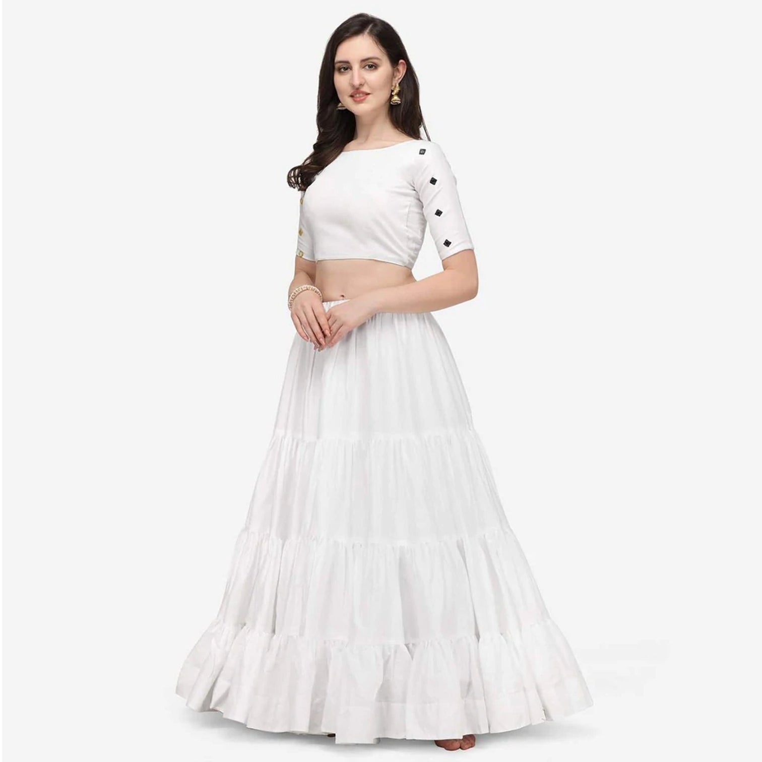 White Color Cotton Lehenga Choli with Real Mirror Work