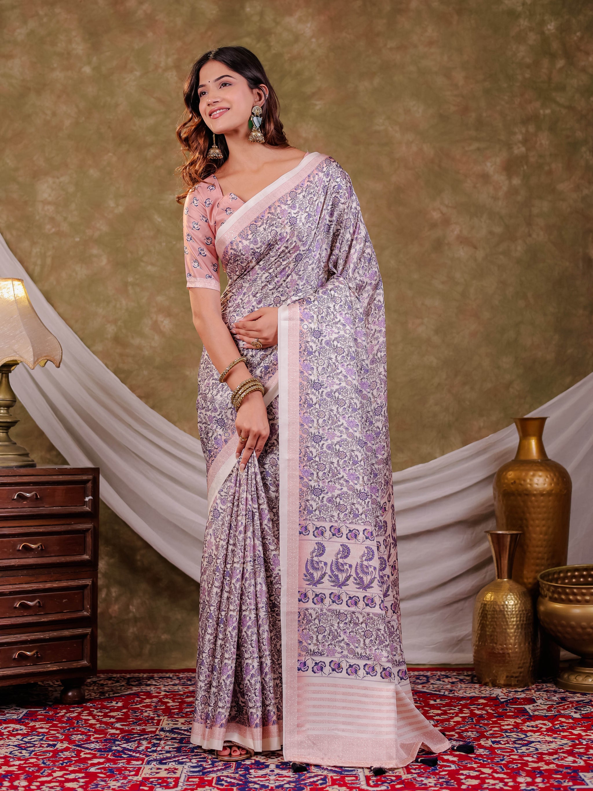 Lavender Floral Pure Chinnon Saree with Designer Border, All-Over Botanical Print, Tassel Edges & Matching Blouse Piece