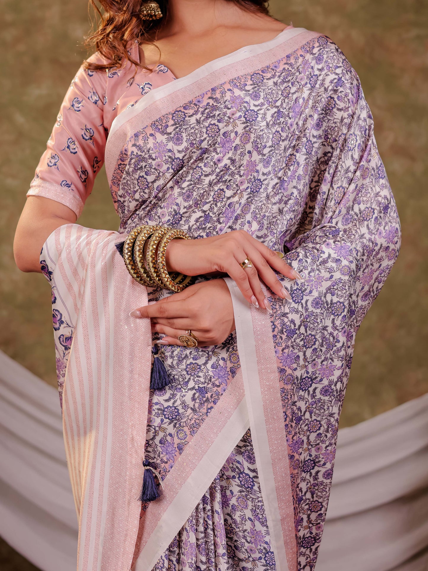 Lavender Floral Pure Chinnon Saree with Designer Border, All-Over Botanical Print, Tassel Edges & Matching Blouse Piece
