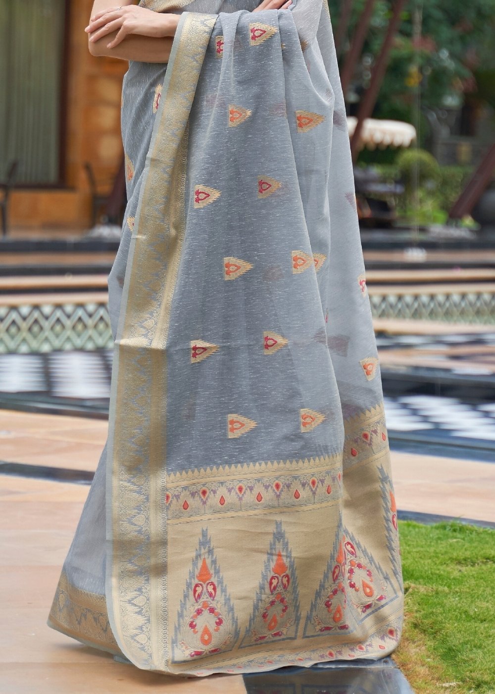 Slate Grey Woven Linen Silk Saree