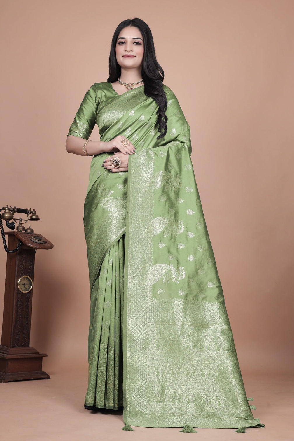 Traditional Green Banarasi Silk Saree with Floral & Peacock Design - Perfect for Weddings and Festivals