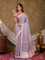 Lavender Floral Pure Chinnon Saree with Designer Border, All-Over Botanical Print, Tassel Edges & Matching Blouse Piece