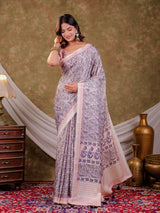 Lavender Floral Pure Chinnon Saree with Designer Border, All-Over Botanical Print, Tassel Edges & Matching Blouse Piece