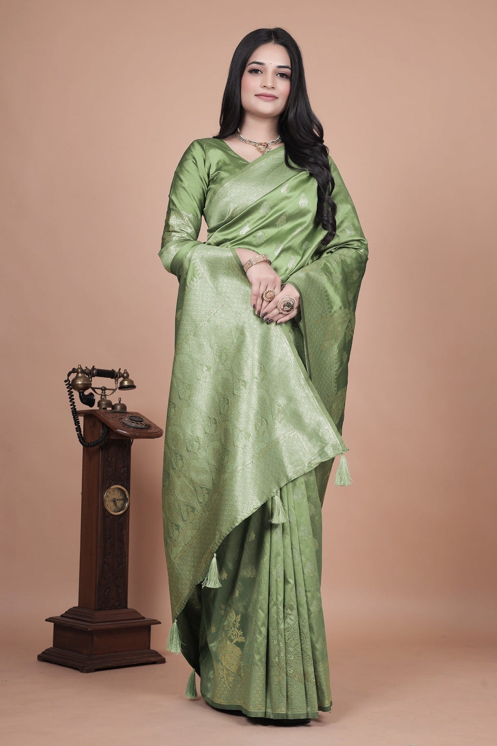Traditional Green Banarasi Silk Saree with Floral & Peacock Design - Perfect for Weddings and Festivals