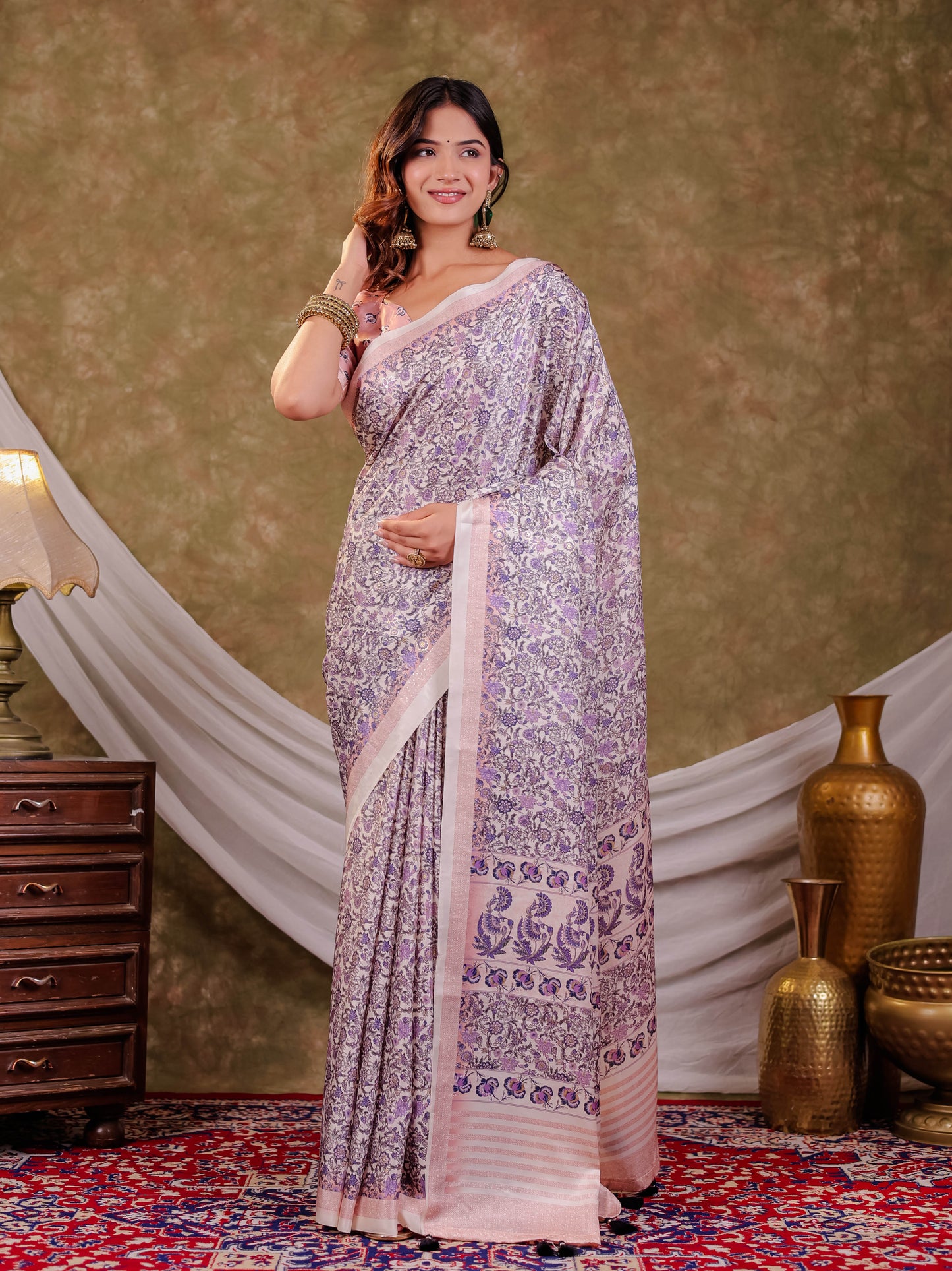 Lavender Floral Pure Chinnon Saree with Designer Border, All-Over Botanical Print, Tassel Edges & Matching Blouse Piece