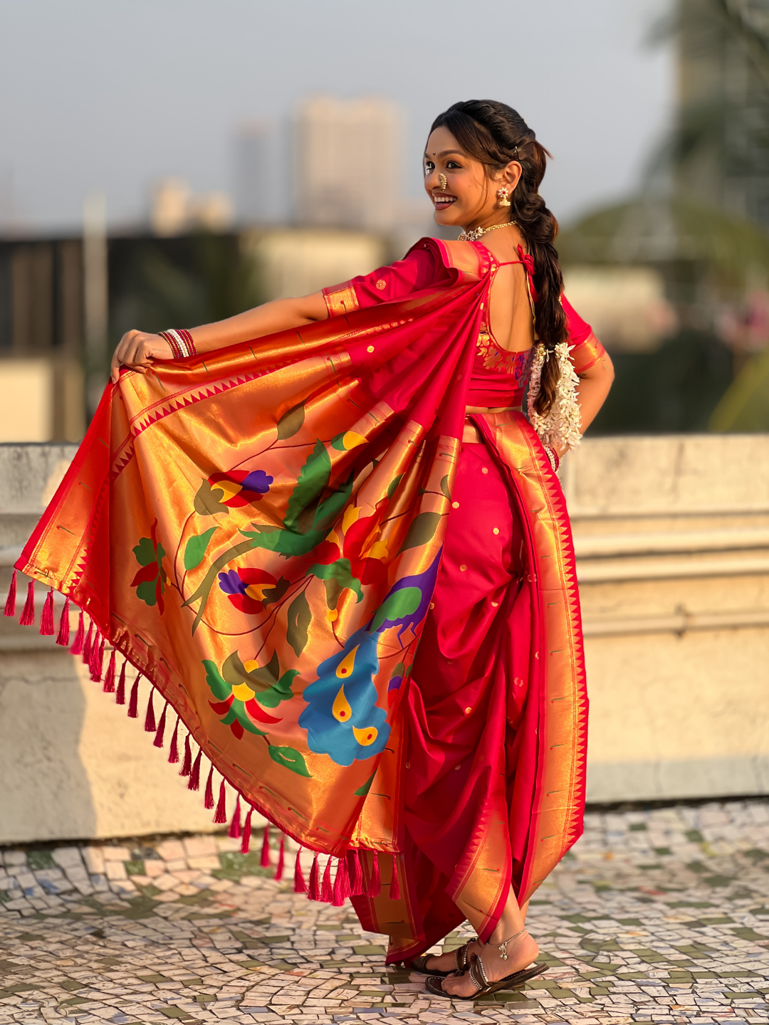 Pink wedding special nauvari paithani soft silk saree with zari woven polka motifs and peacock pallu