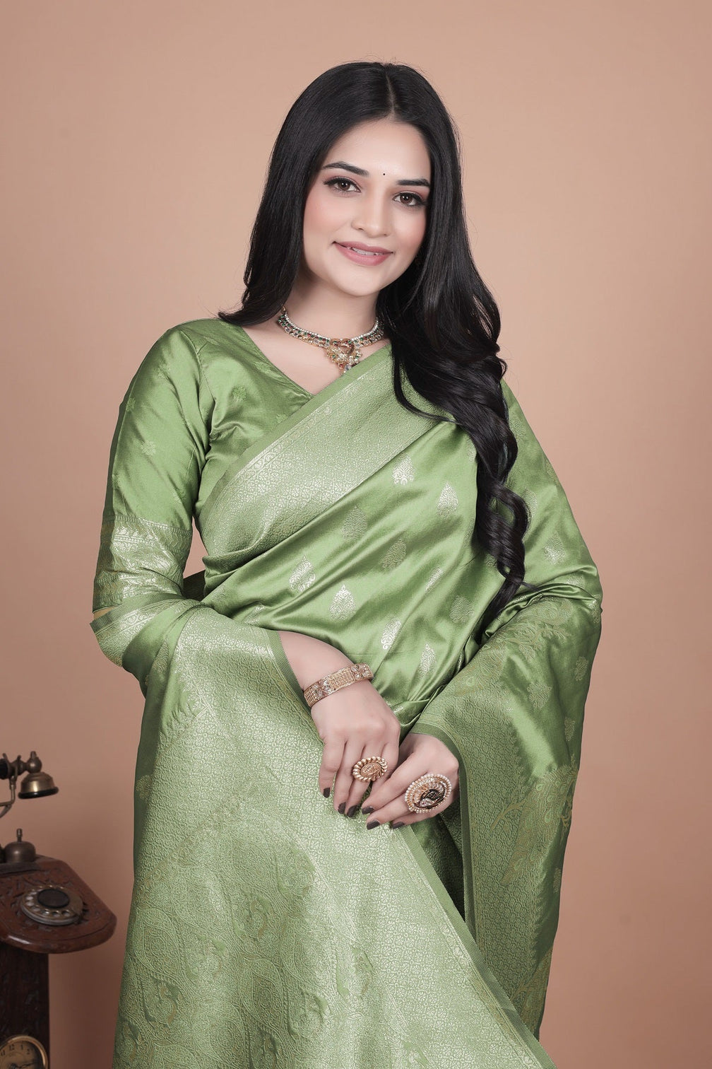 Traditional Green Banarasi Silk Saree with Floral & Peacock Design - Perfect for Weddings and Festivals