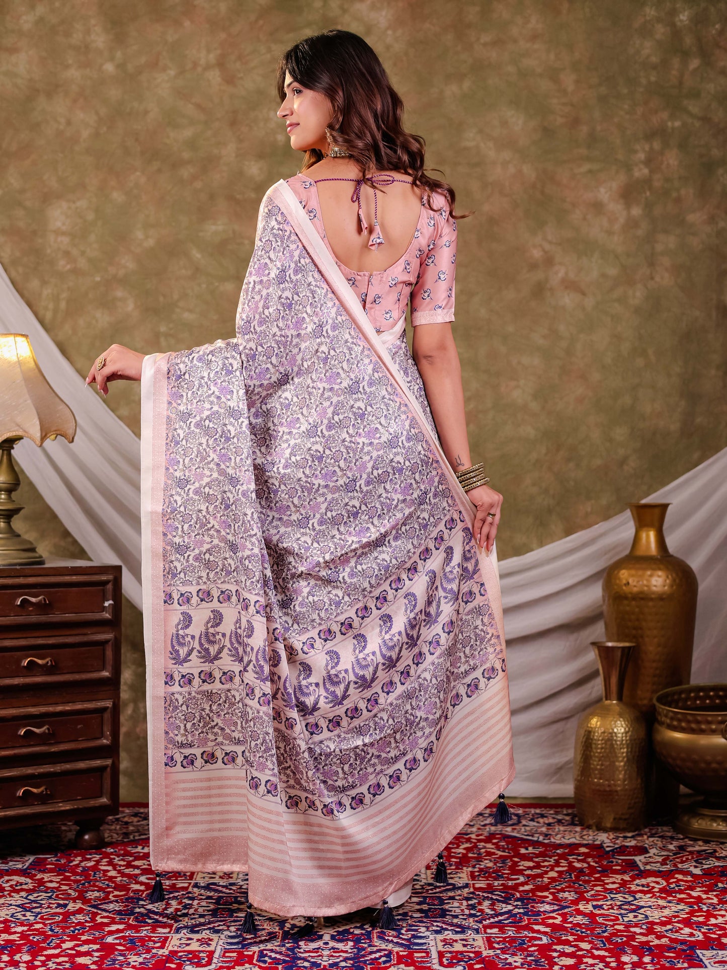 Lavender Floral Pure Chinnon Saree with Designer Border, All-Over Botanical Print, Tassel Edges & Matching Blouse Piece