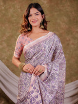 Lavender Floral Pure Chinnon Saree with Designer Border, All-Over Botanical Print, Tassel Edges & Matching Blouse Piece