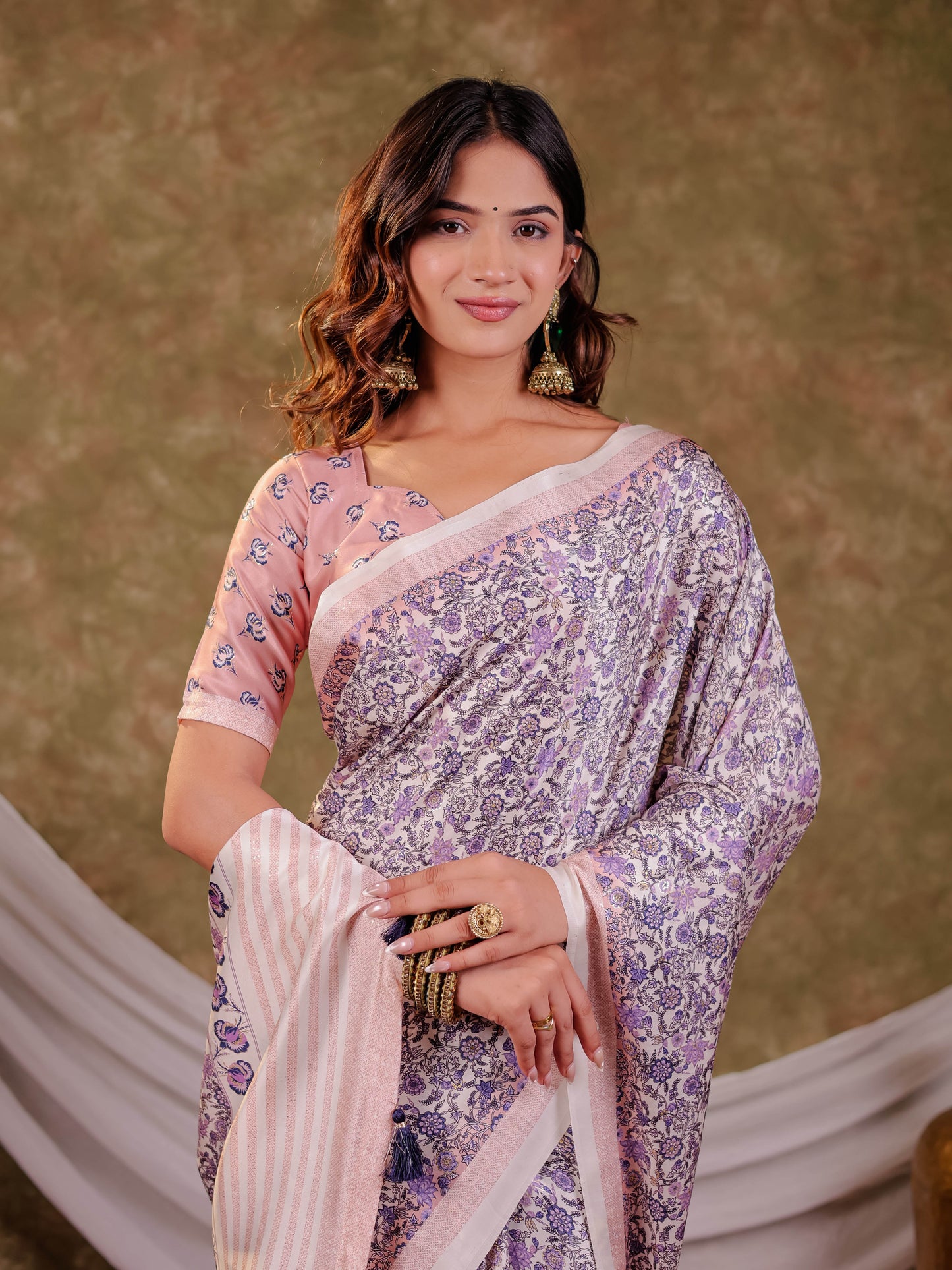 Lavender Floral Pure Chinnon Saree with Designer Border, All-Over Botanical Print, Tassel Edges & Matching Blouse Piece