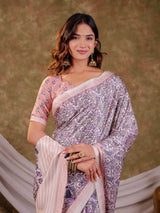 Lavender Floral Pure Chinnon Saree with Designer Border, All-Over Botanical Print, Tassel Edges & Matching Blouse Piece