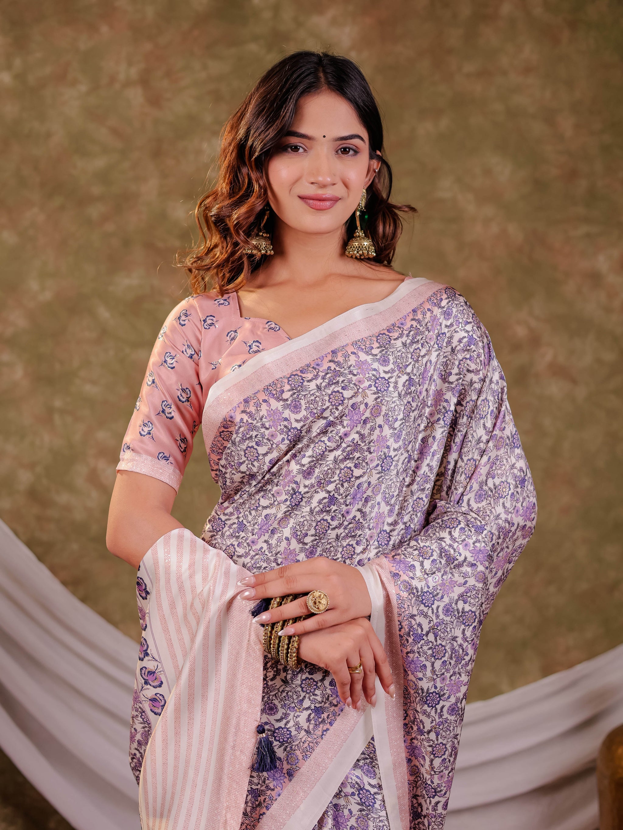 Lavender Floral Pure Chinnon Saree with Designer Border, All-Over Botanical Print, Tassel Edges & Matching Blouse Piece