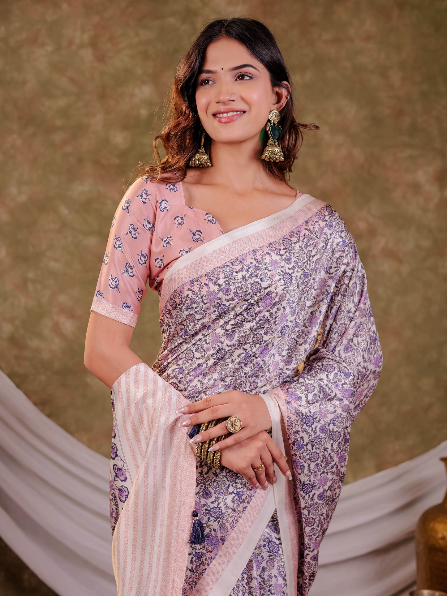 Lavender Floral Pure Chinnon Saree with Designer Border, All-Over Botanical Print, Tassel Edges & Matching Blouse Piece