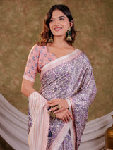 Lavender Floral Pure Chinnon Saree with Designer Border, All-Over Botanical Print, Tassel Edges & Matching Blouse Piece