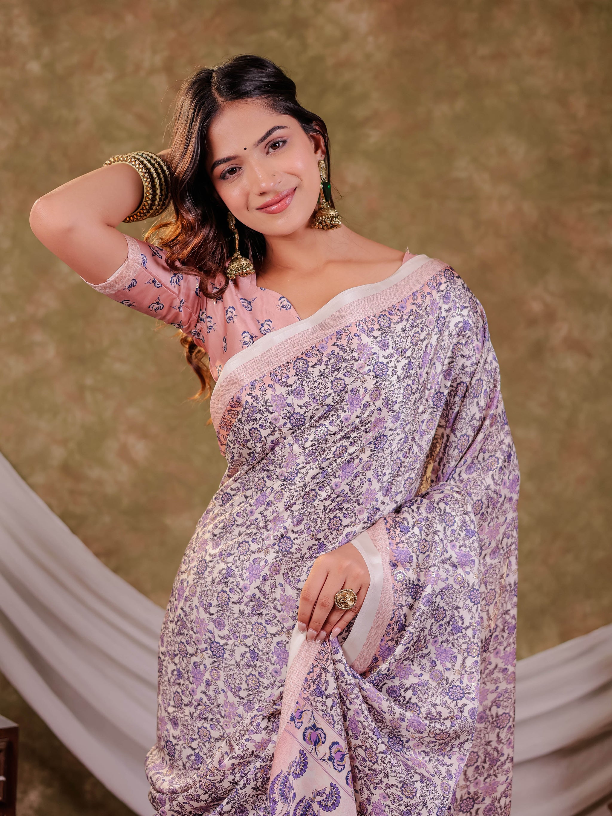 Lavender Floral Pure Chinnon Saree with Designer Border, All-Over Botanical Print, Tassel Edges & Matching Blouse Piece