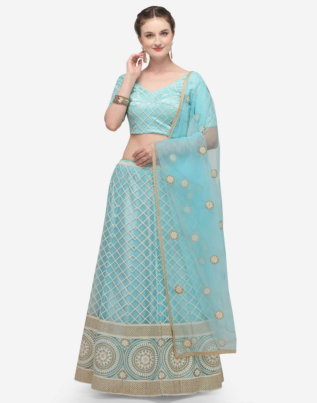 Light Blue Color Lucknowi Lehenga Choli with Net Dupatta