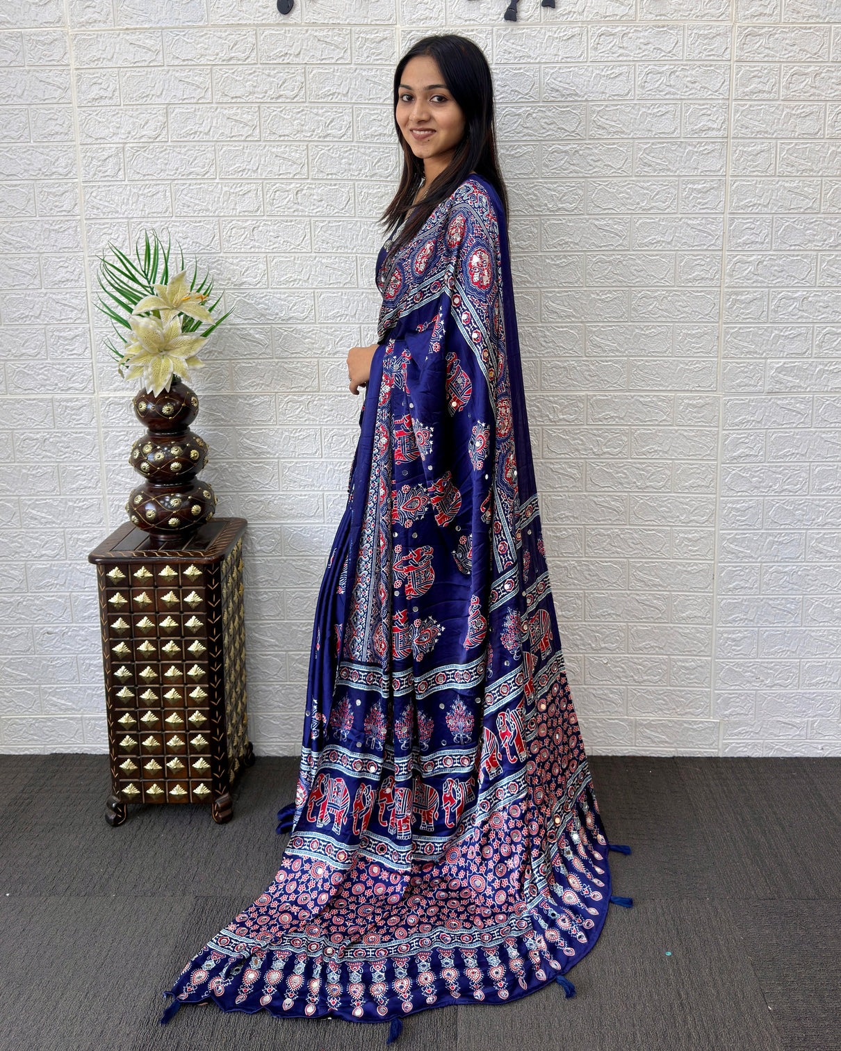 Royal blue modal silk saree with elephant motif heritage print designer pallu traditional festive wear saree