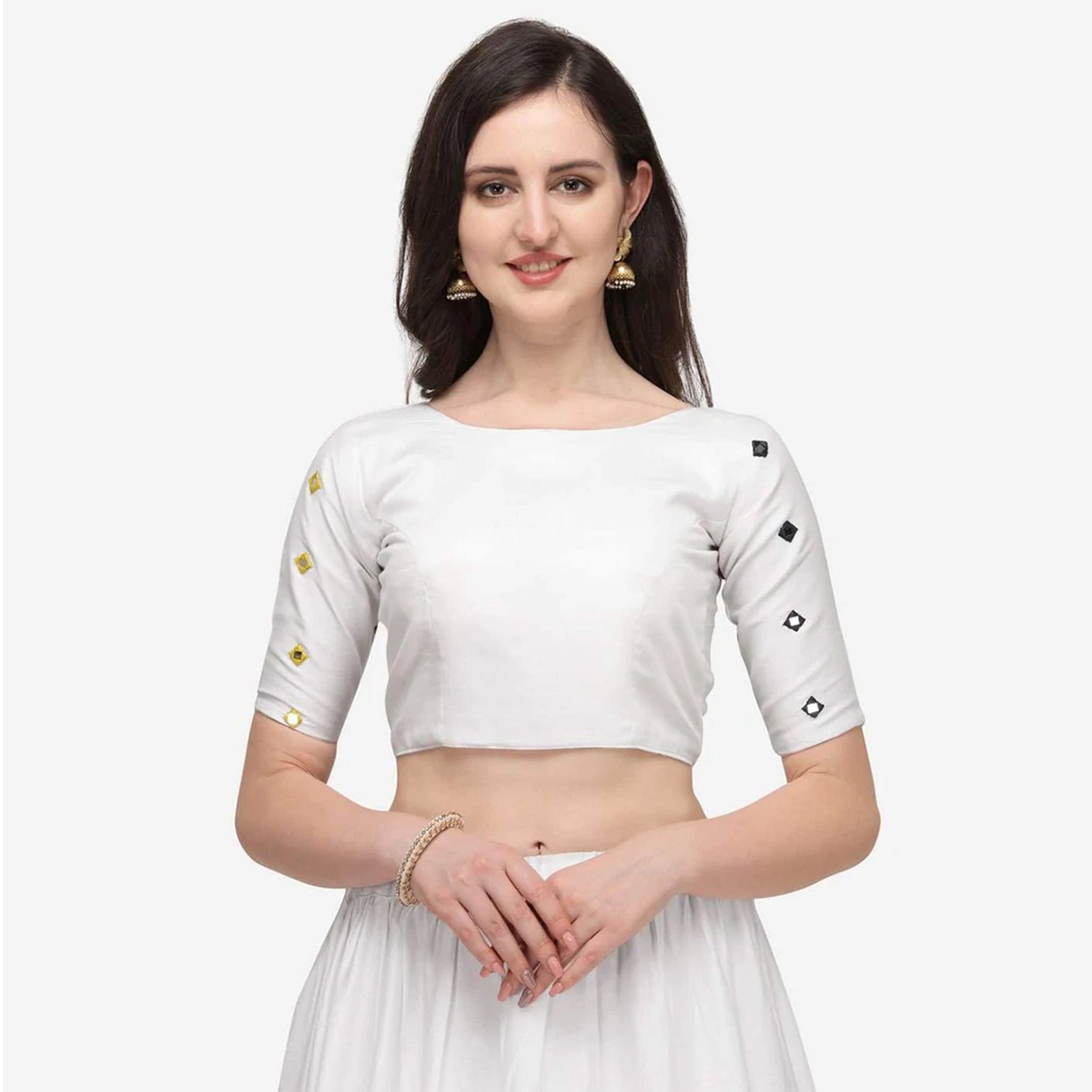 White Color Cotton Lehenga Choli with Real Mirror Work