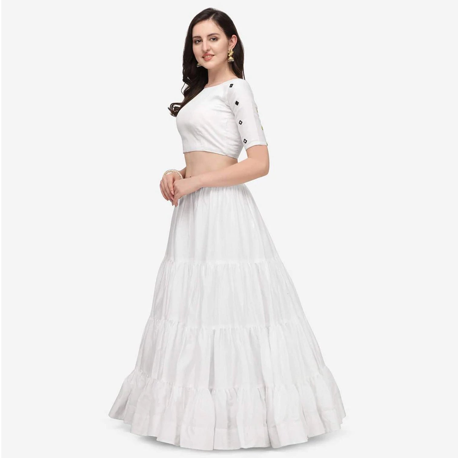 White Color Cotton Lehenga Choli with Real Mirror Work