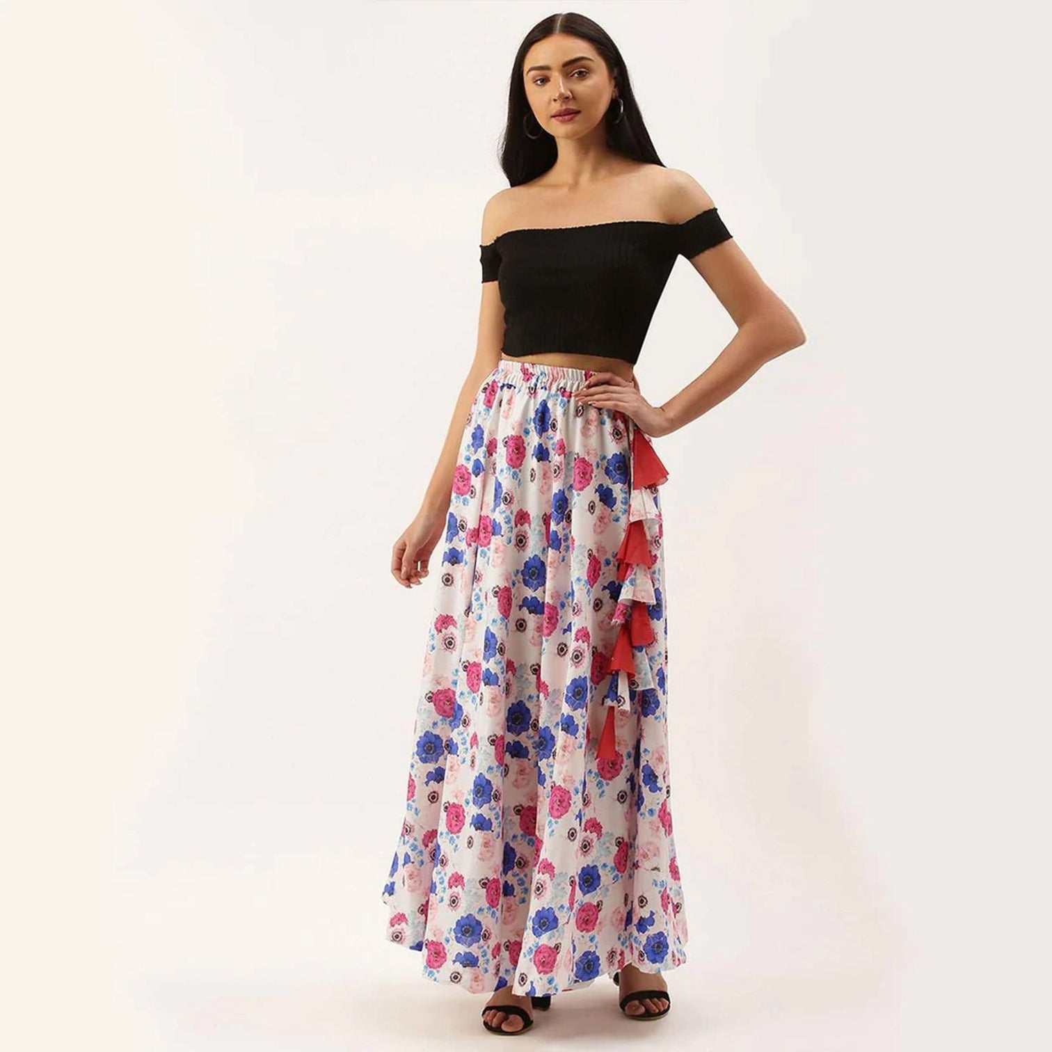 White Color Cotton Skirt with Digital Print
