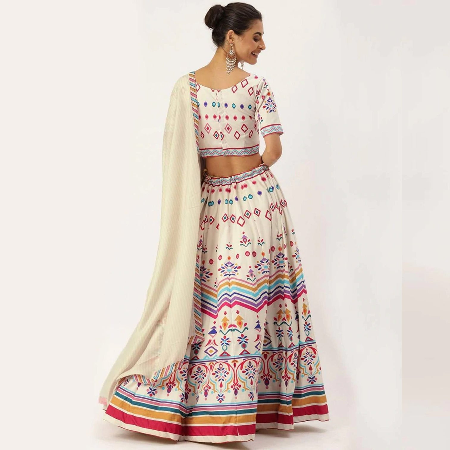 White Colored Lehenga Choli with Colorful Pattern Print Work