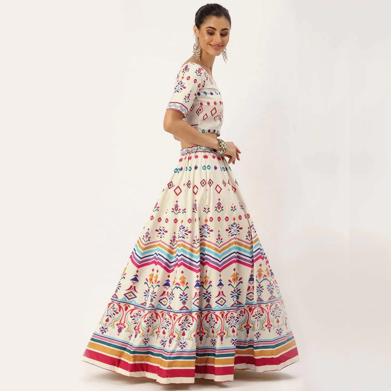 White Colored Lehenga Choli with Colorful Pattern Print Work