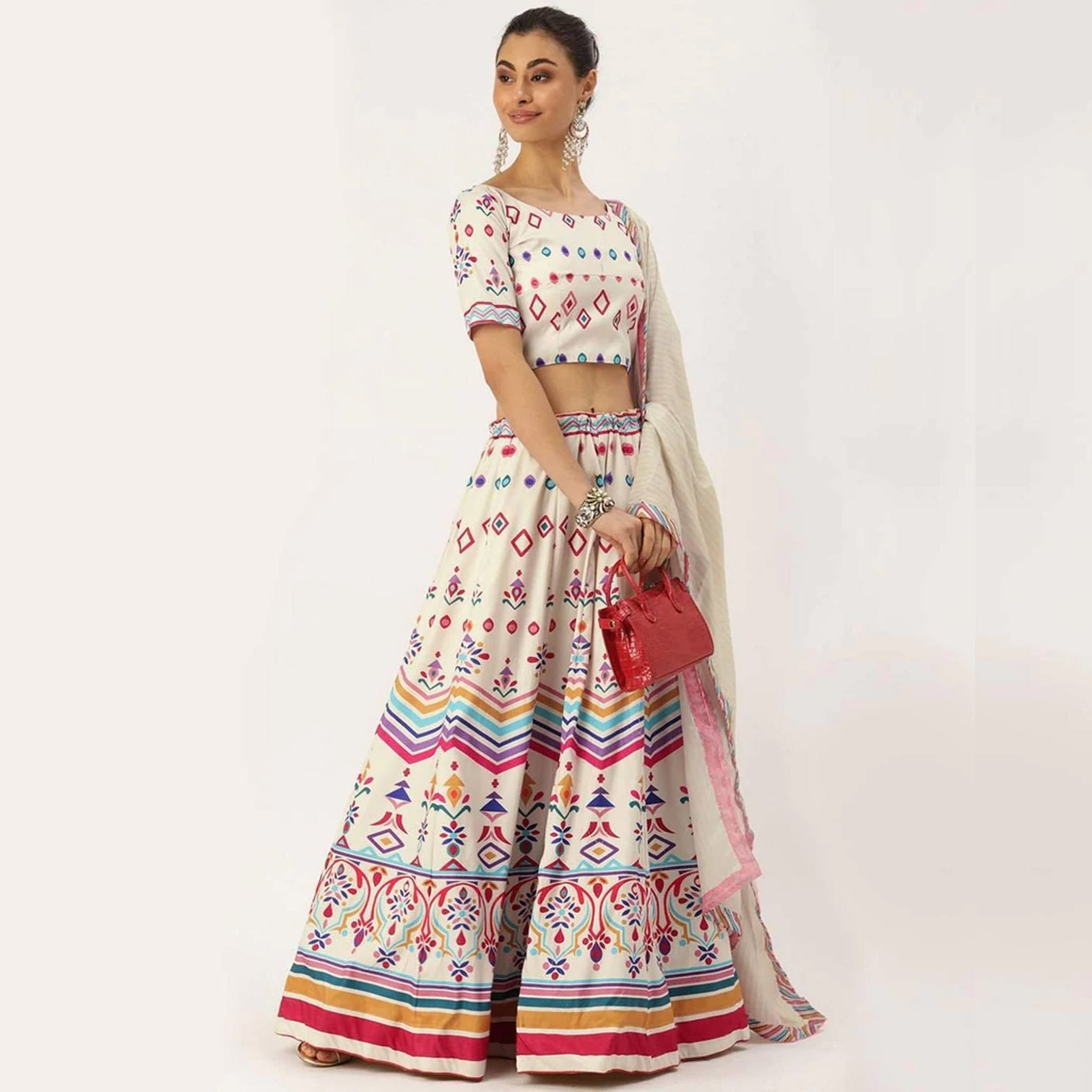 White Colored Lehenga Choli with Colorful Pattern Print Work