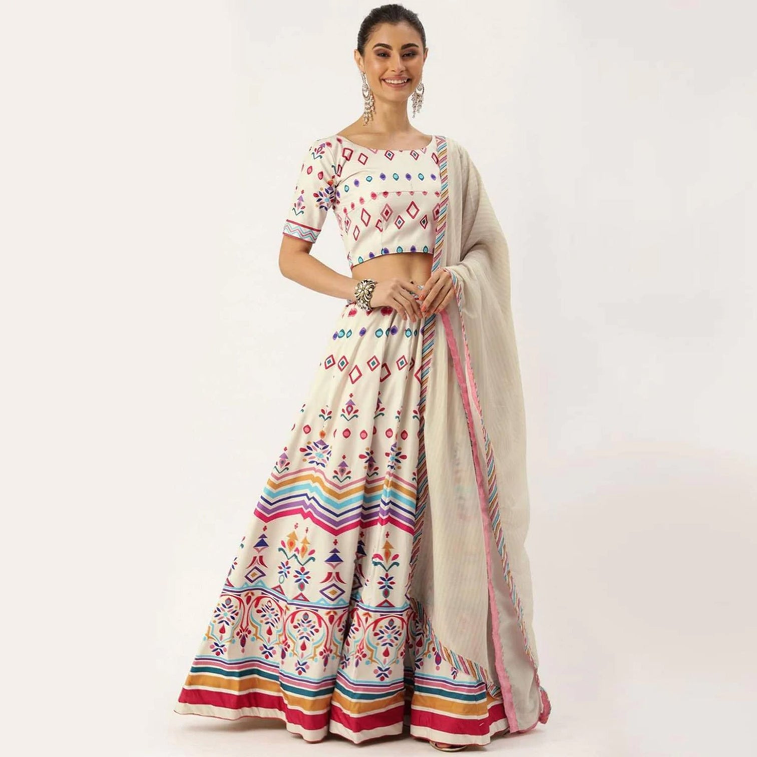 White Colored Lehenga Choli with Colorful Pattern Print Work
