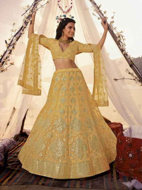 Mustard Yellow Embroidered Organza Lehenga