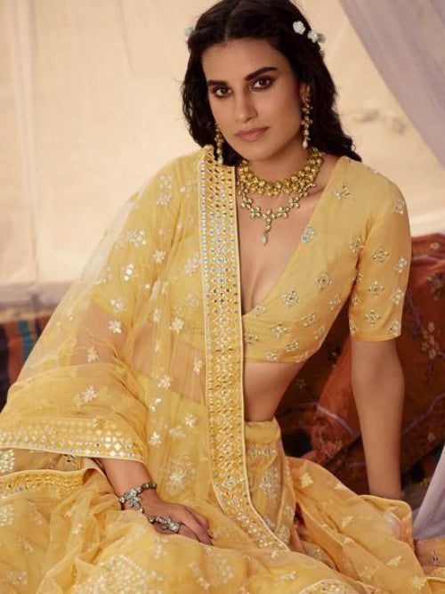 Mustard Yellow Embroidered Organza Lehenga