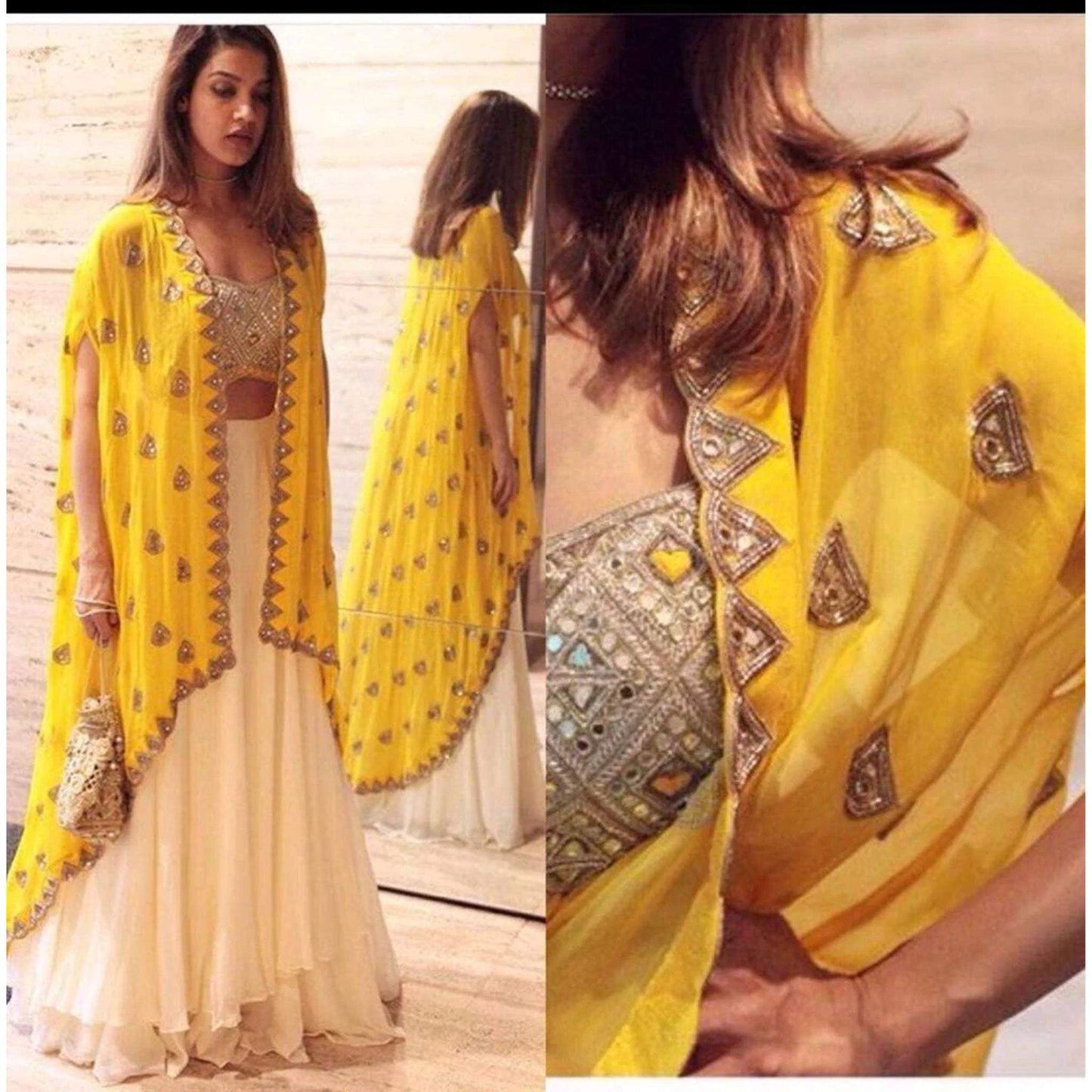 White Georgette Lehenga with Yellow Koti