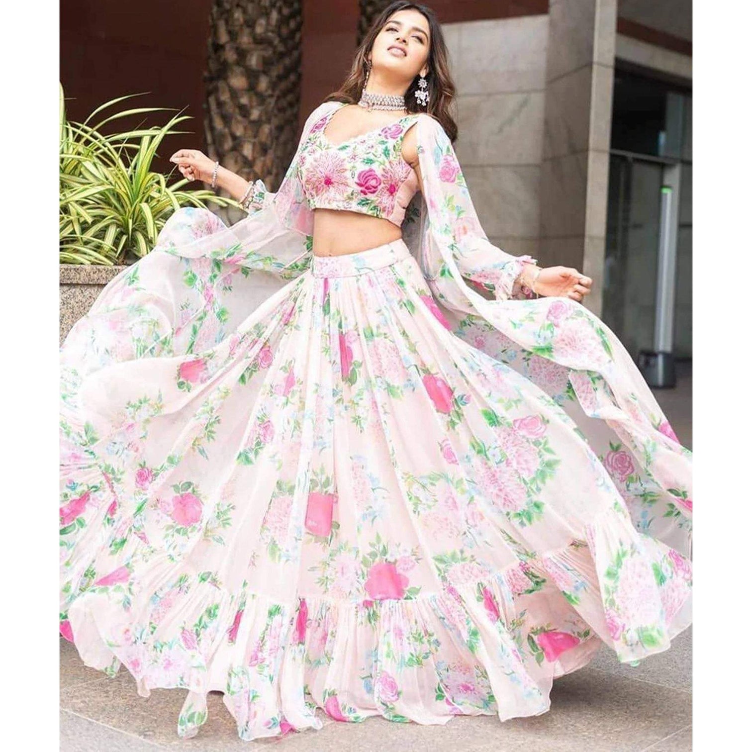 White Lehenga Choli in Floral Printed Georgette with Dupatta