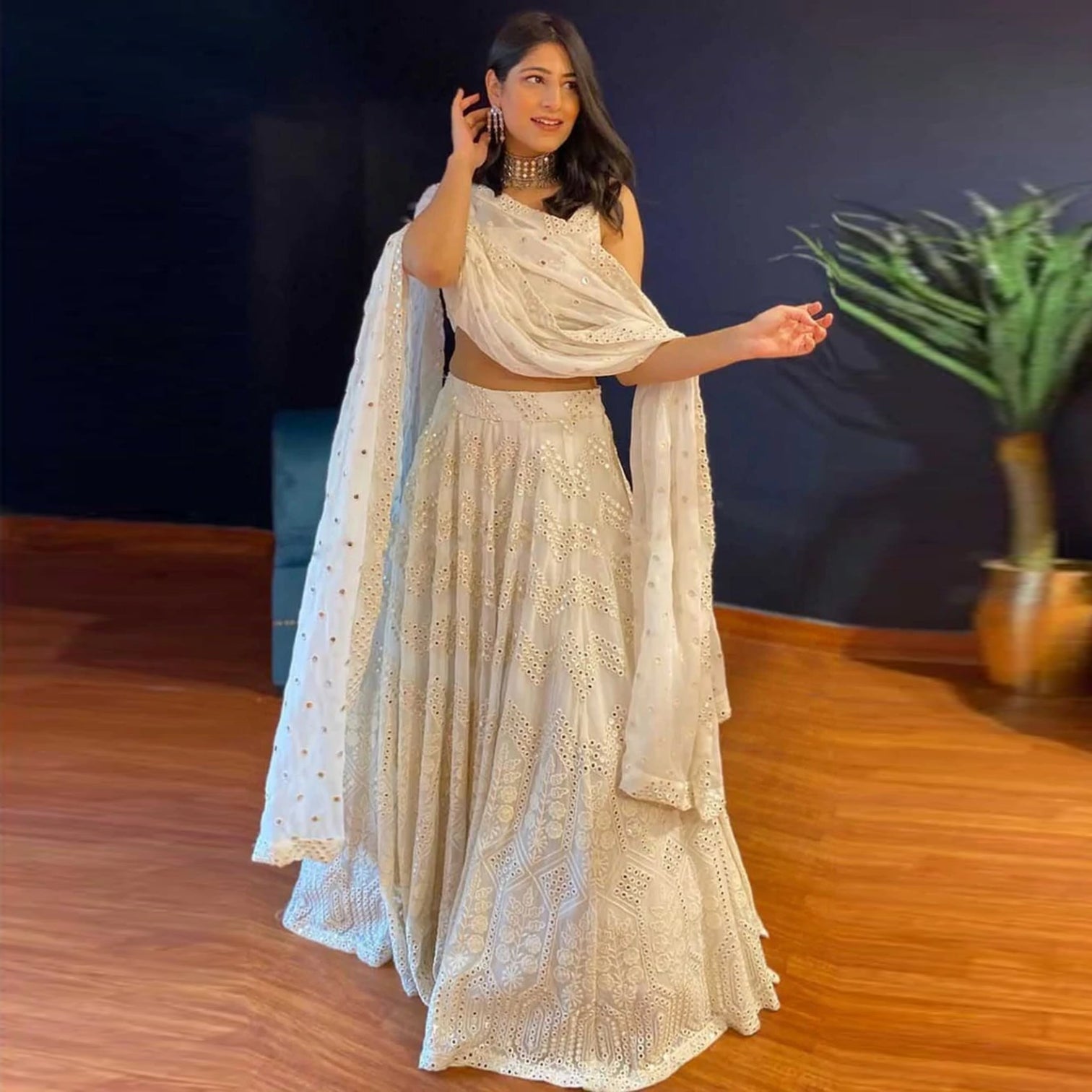White Lehenga Choli in Georgette with Foil Mirror Work for Wedding