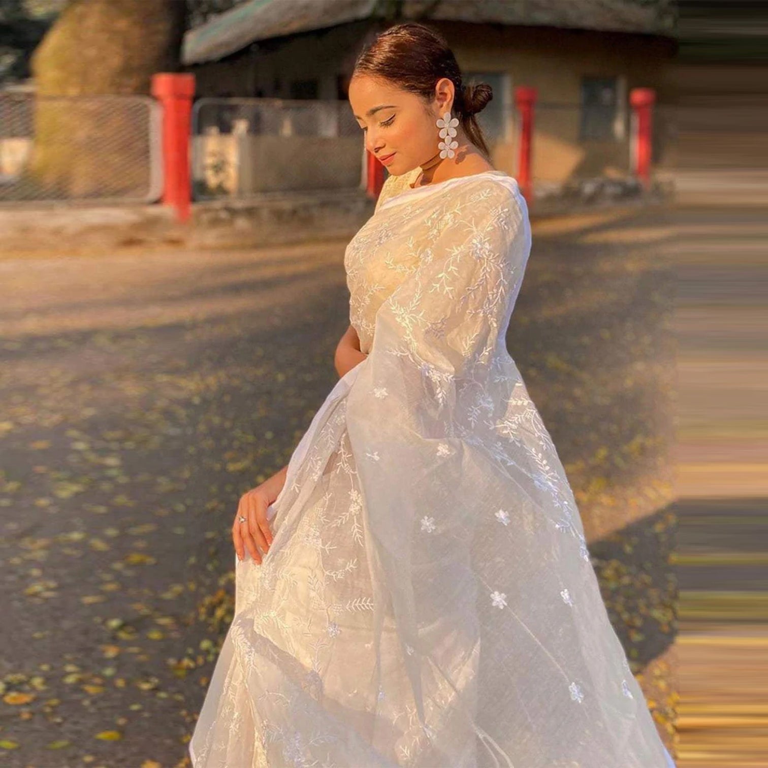 White Malai Organza Silk Saree with Beautiful Lucknowi Embroidery Work and Silk Blouse for Wedding