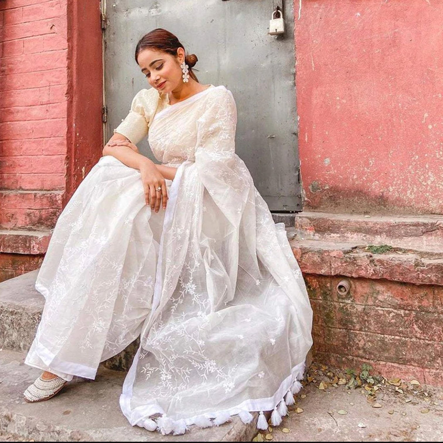 White Malai Organza Silk Saree with Beautiful Lucknowi Embroidery Work and Silk Blouse for Wedding