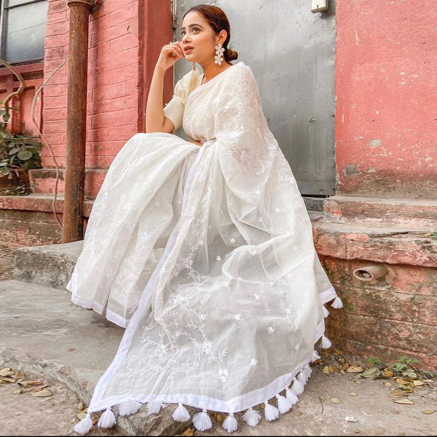 White Malai Organza Silk Saree with Beautiful Lucknowi Embroidery Work and Silk Blouse for Wedding