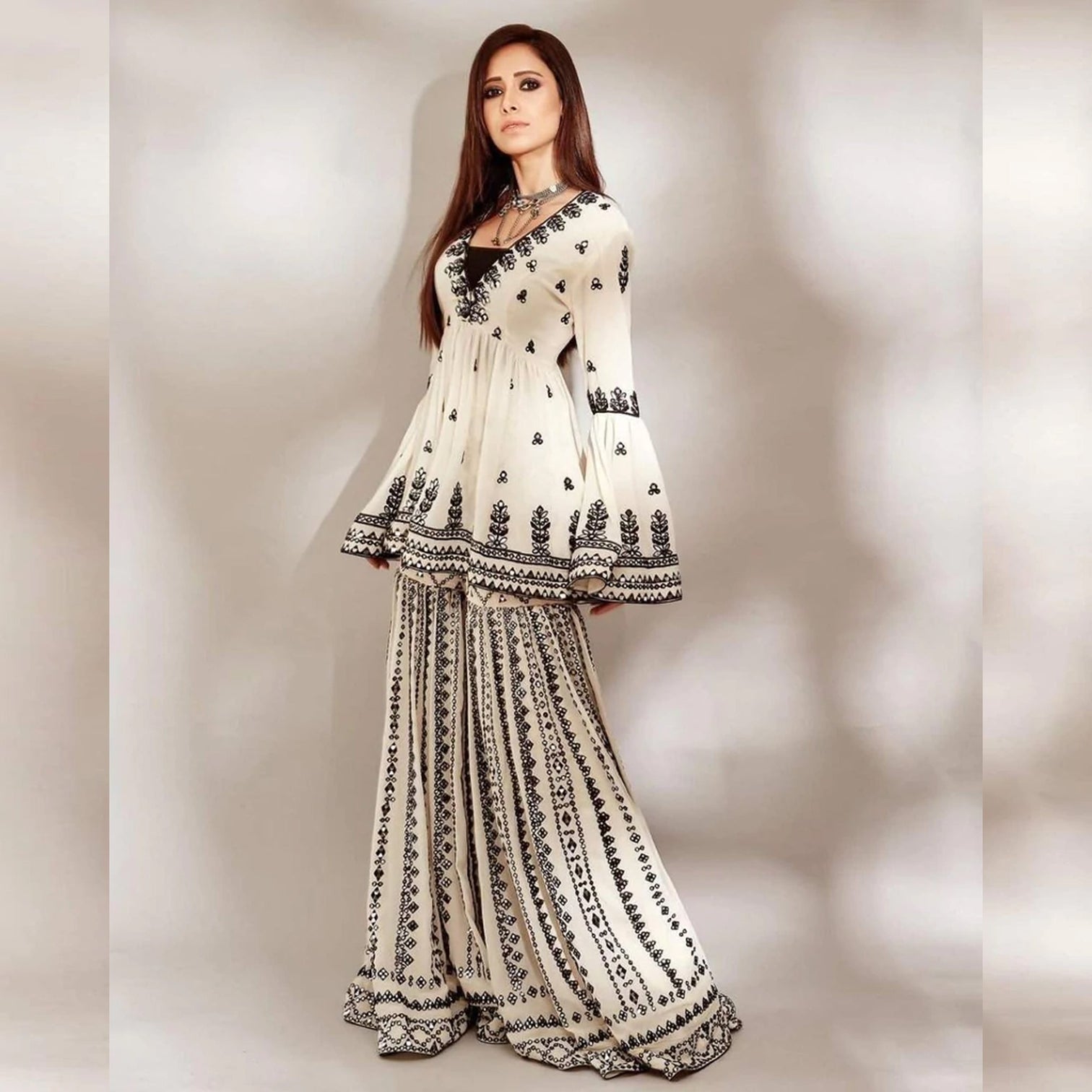 White Sharara Palazzo Set in Georgette with Resham Work