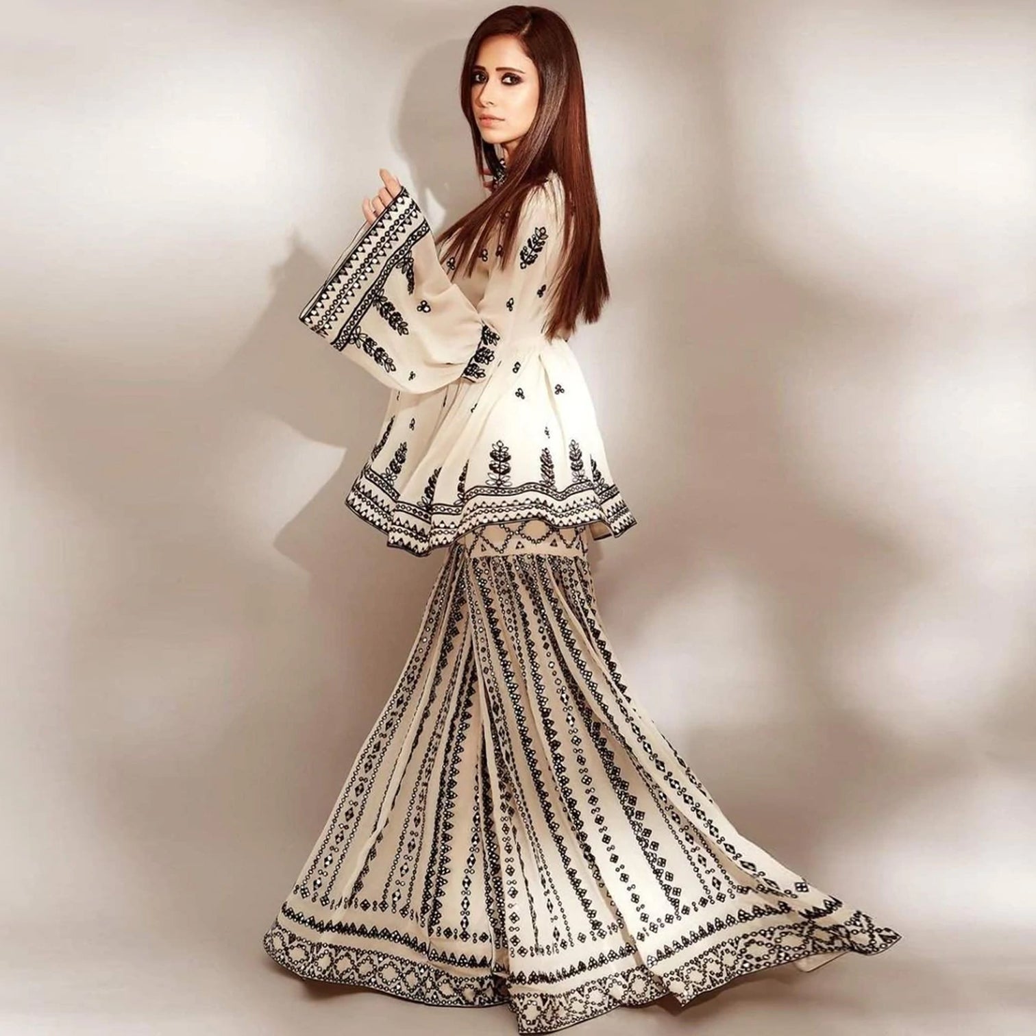 White Sharara Palazzo Set in Georgette with Resham Work